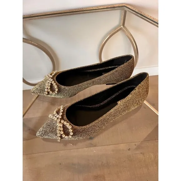 Larroudé Lee Crystal-Embellished Lurex Flats Size 6