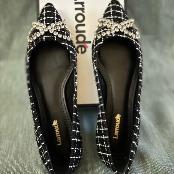 Larroude Black and White Geometric Loafers