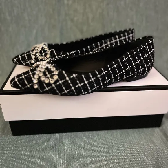 Larroude Black and White Geometric Loafers