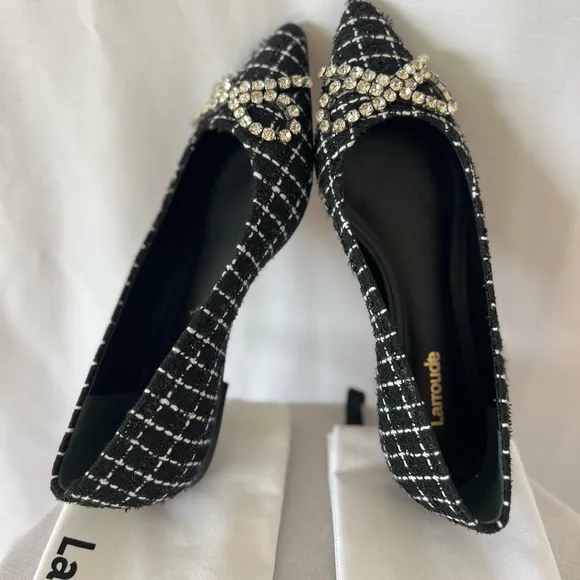 Larroude Black and White Geometric Loafers
