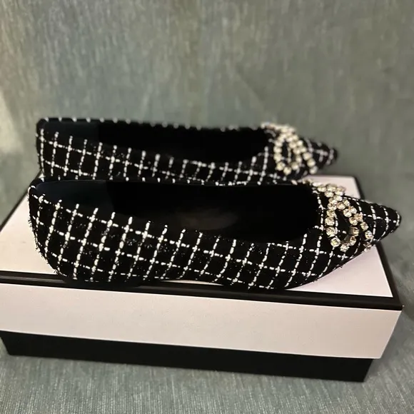 Larroude Black and White Geometric Loafers