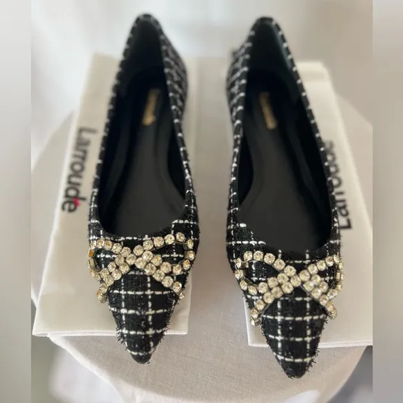 Larroude Black and White Geometric Loafers