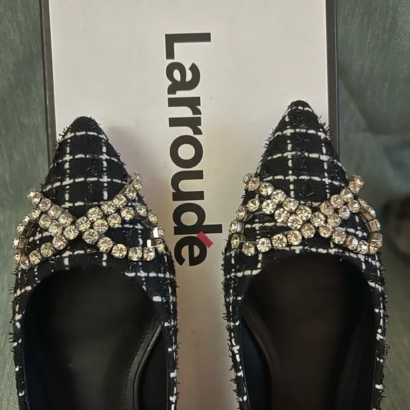 Larroude Black and White Geometric Loafers