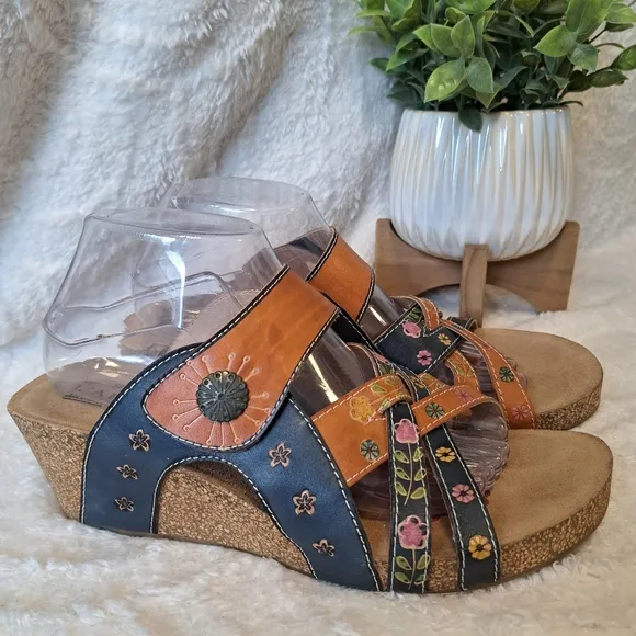 L'Artiste By Spring Step Jadora Leather Wedge Sandals Boho Artsy Size 11