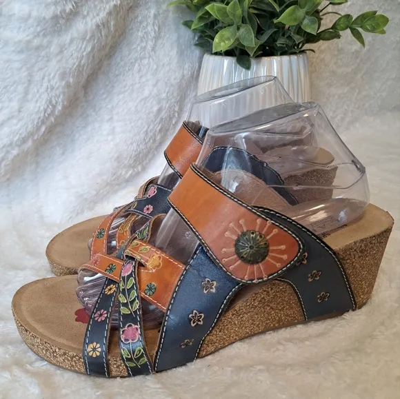 L'Artiste By Spring Step Jadora Leather Wedge Sandals Boho Artsy Size 11