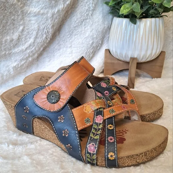 L'Artiste By Spring Step Jadora Leather Wedge Sandals Boho Artsy Size 11