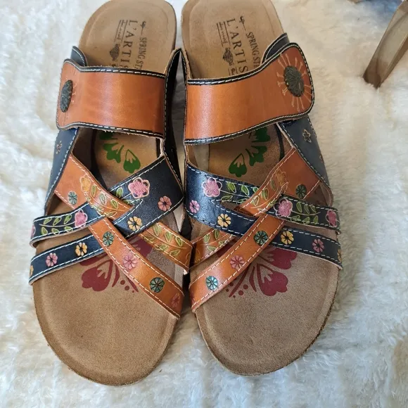 L'Artiste By Spring Step Jadora Leather Wedge Sandals Boho Artsy Size 11