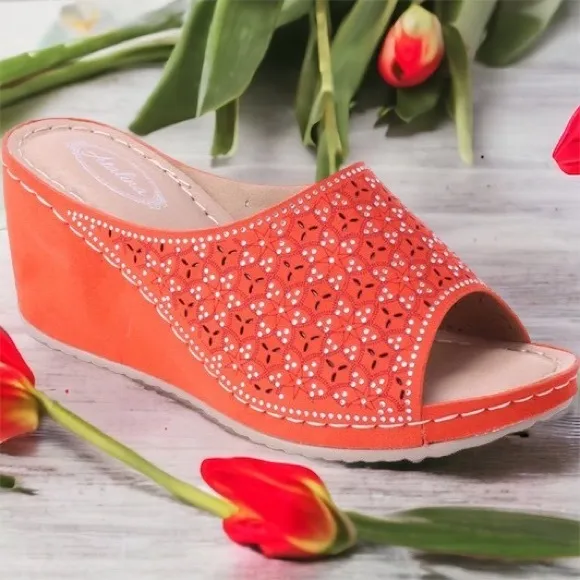 Last 1!  Bright Coral Orange Slide In Wedge Heeled Comfort Mule 8.5
