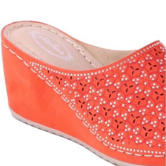 Last 1!  Bright Coral Orange Slide In Wedge Heeled Comfort Mule 8.5