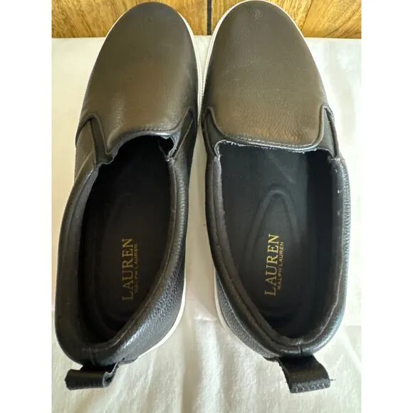 Lauren Ralph Lauren Tumbled Haddley Women's Leather Slip-On Sneakers Black SZ 11