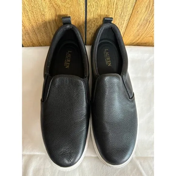 Lauren Ralph Lauren Tumbled Haddley Women's Leather Slip-On Sneakers Black SZ 11