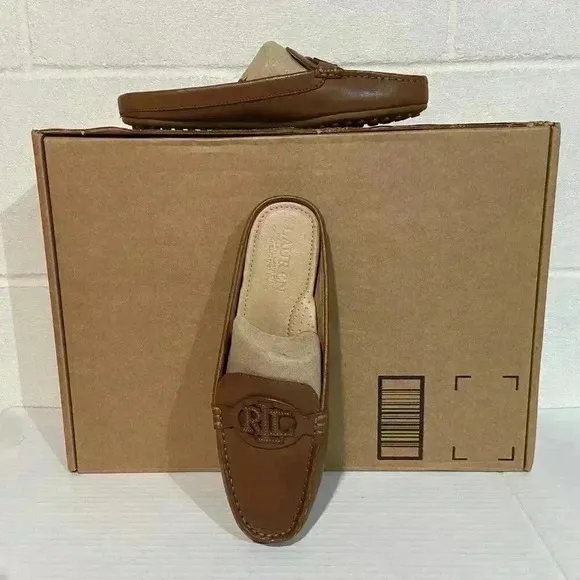 Lauren Ralph Lauren Women's Leather Brynn Driver Mule Flats 6.5 Deep Saddle Tan