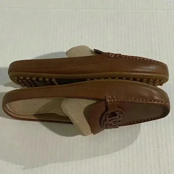 Lauren Ralph Lauren Women's Leather Brynn Driver Mule Flats 6.5 Deep Saddle Tan