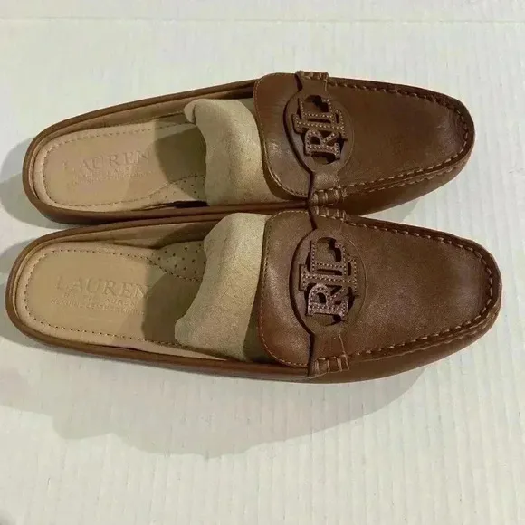 Lauren Ralph Lauren Women's Leather Brynn Driver Mule Flats 6.5 Deep Saddle Tan