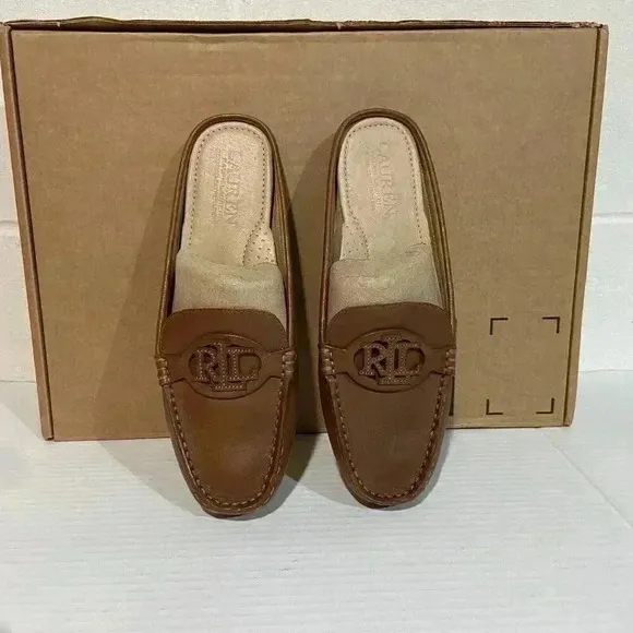 Lauren Ralph Lauren Women's Leather Brynn Driver Mule Flats 6.5 Deep Saddle Tan