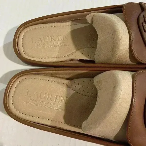 Lauren Ralph Lauren Women's Leather Brynn Driver Mule Flats 6.5 Deep Saddle Tan