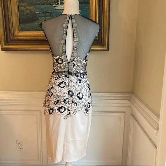 LELA ROSE Beige Black Floral Lace Sheer Mesh Pencil Skirt Dress