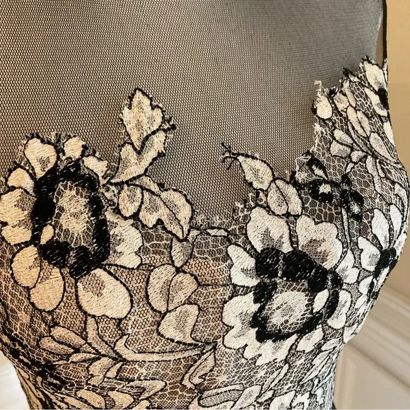 LELA ROSE Beige Black Floral Lace Sheer Mesh Pencil Skirt Dress