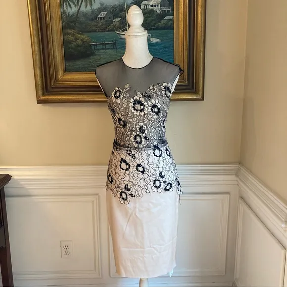 LELA ROSE Beige Black Floral Lace Sheer Mesh Pencil Skirt Dress
