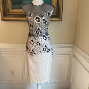 LELA ROSE Beige Black Floral Lace Sheer Mesh Pencil Skirt Dress