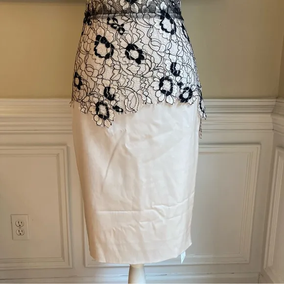 LELA ROSE Beige Black Floral Lace Sheer Mesh Pencil Skirt Dress