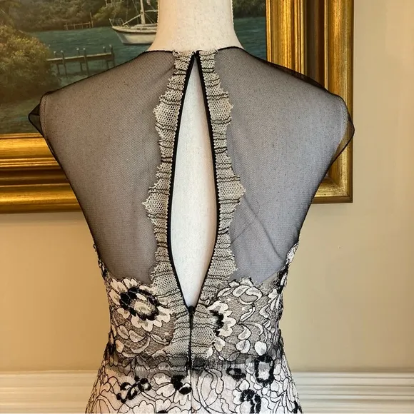 LELA ROSE Beige Black Floral Lace Sheer Mesh Pencil Skirt Dress