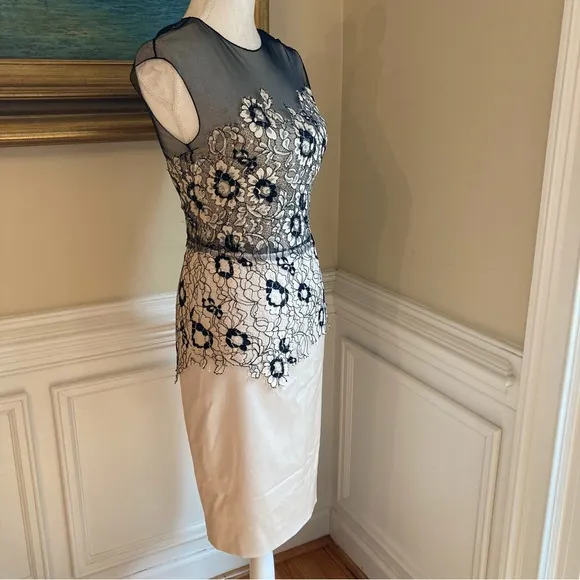 LELA ROSE Beige Black Floral Lace Sheer Mesh Pencil Skirt Dress