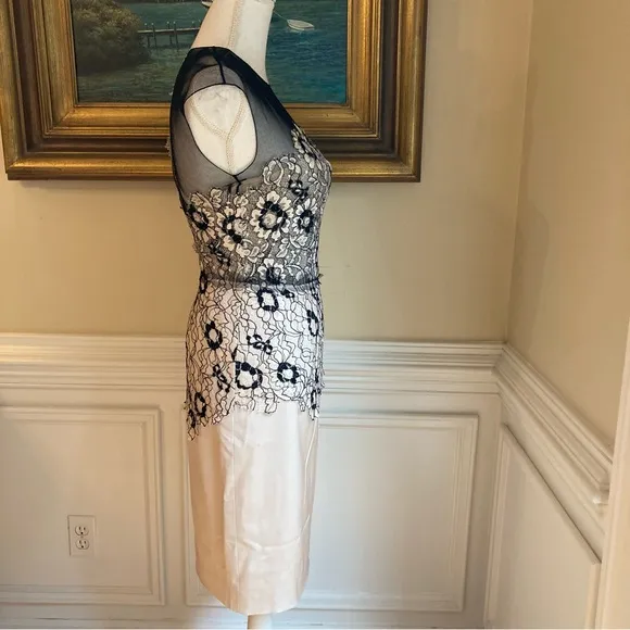 LELA ROSE Beige Black Floral Lace Sheer Mesh Pencil Skirt Dress