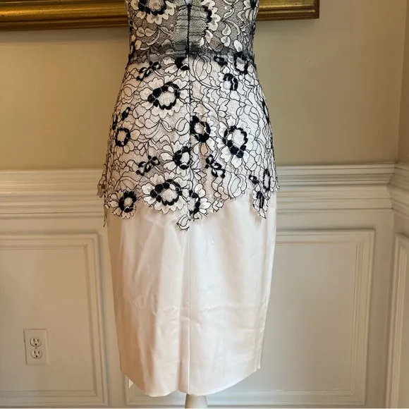 LELA ROSE Beige Black Floral Lace Sheer Mesh Pencil Skirt Dress