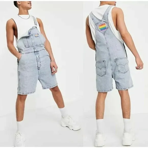 Levi's Pride Liberation Womens Bib Overalls Shortalls Romper Denim Blue Sz L