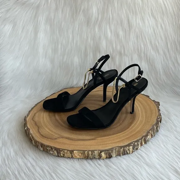 LIKE NEW Diane Von Furstenberg black suede open toe heeled sandals