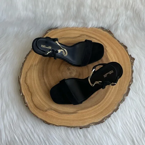 LIKE NEW Diane Von Furstenberg black suede open toe heeled sandals