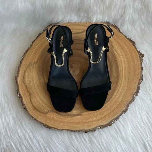 LIKE NEW Diane Von Furstenberg black suede open toe heeled sandals