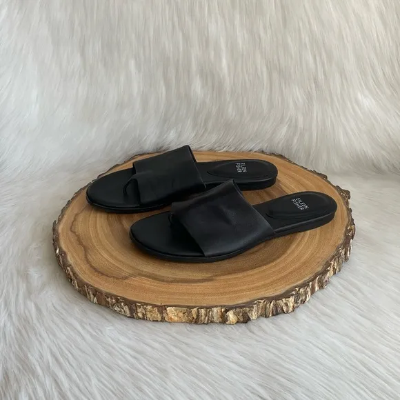 LIKE NEW Eileen Fisher edge washed black leather slide sandals