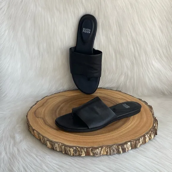 LIKE NEW Eileen Fisher edge washed black leather slide sandals