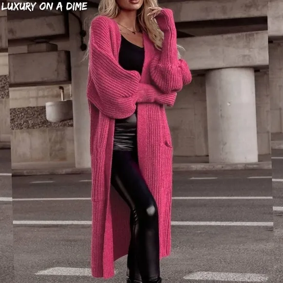 Longline Heavy Waffle Knit Lantern Sleeve Classic Patch Pocket Duster Cardigan