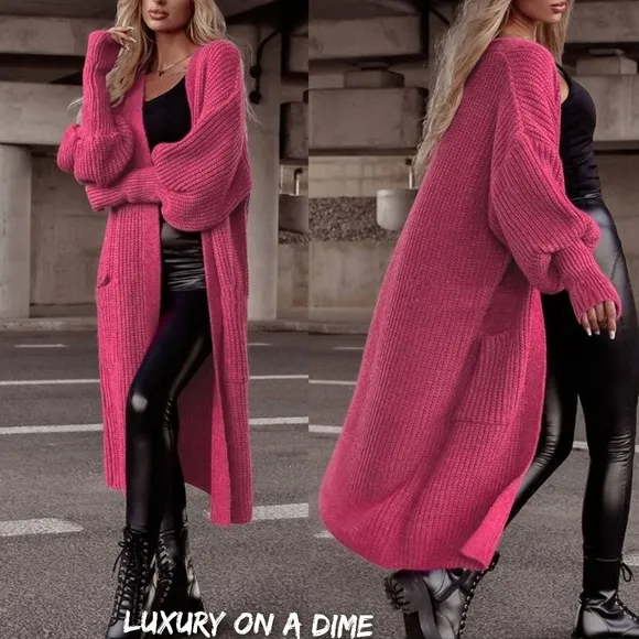 Longline Heavy Waffle Knit Lantern Sleeve Classic Patch Pocket Duster Cardigan