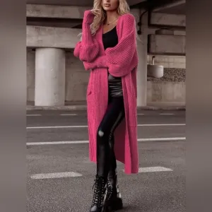 Longline Heavy Waffle Knit Lantern Sleeve Classic Patch Pocket Duster Cardigan