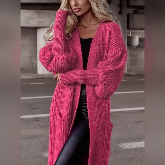 Longline Heavy Waffle Knit Lantern Sleeve Classic Patch Pocket Duster Cardigan