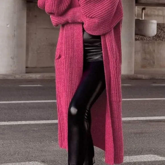 Longline Heavy Waffle Knit Lantern Sleeve Classic Patch Pocket Duster Cardigan