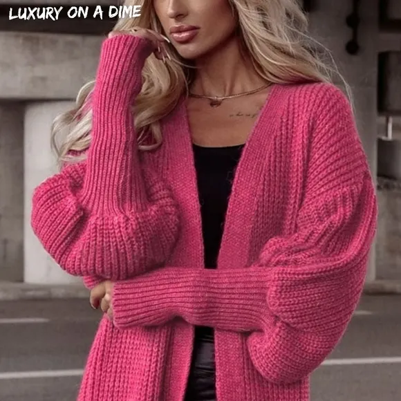 Longline Heavy Waffle Knit Lantern Sleeve Classic Patch Pocket Duster Cardigan
