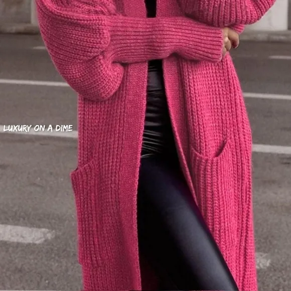 Longline Heavy Waffle Knit Lantern Sleeve Classic Patch Pocket Duster Cardigan