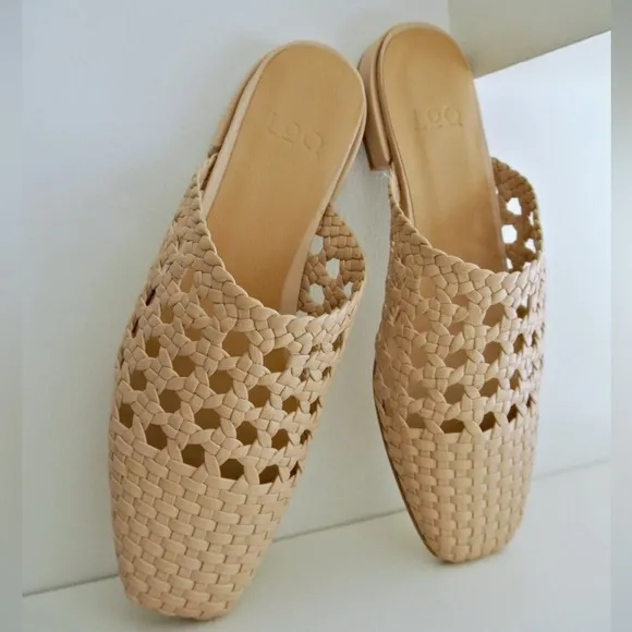 LOQ Nude Beige Tan Leather Martí Woven Macrame Slip On Slides Flats 35 / 5