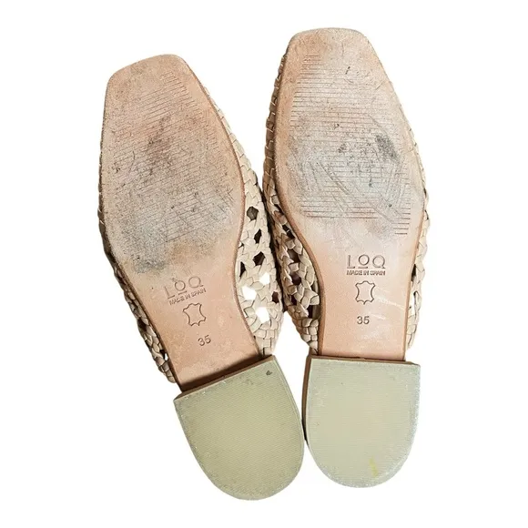 LOQ Nude Beige Tan Leather Martí Woven Macrame Slip On Slides Flats 35 / 5