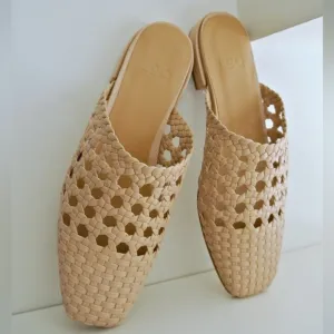 LOQ Nude Beige Tan Leather Martí Woven Macrame Slip On Slides Flats 35 / 5