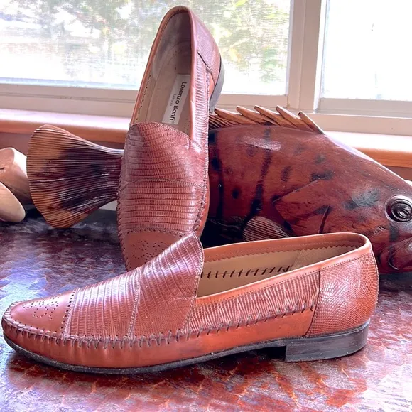 Lorenzo Banfi Milano Handmade Italy Slip-on Loafers Chestnut Brown Lizard/Snake