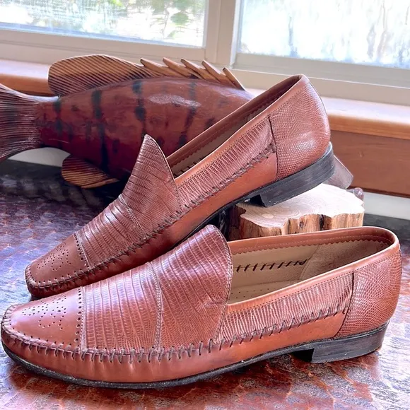 Lorenzo Banfi Milano Handmade Italy Slip-on Loafers Chestnut Brown Lizard/Snake