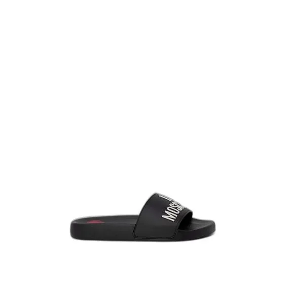 Love Moschino Printed Black PVC Slippers with Rubber Sole Women