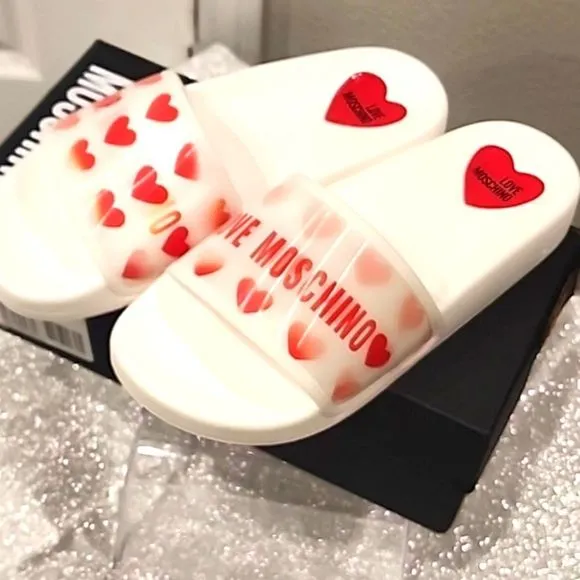Love Moschino Holographic Heart Slide Sandals