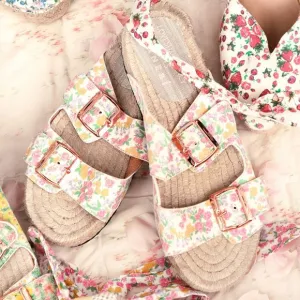 Loveshackfancy x Manebí Nordic Floral Canvas Slide Sandals rosegold buckle